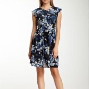 Rebecca Taylor Watercolour Blue and Black Fit and Flare Mini Dress 100% Silk